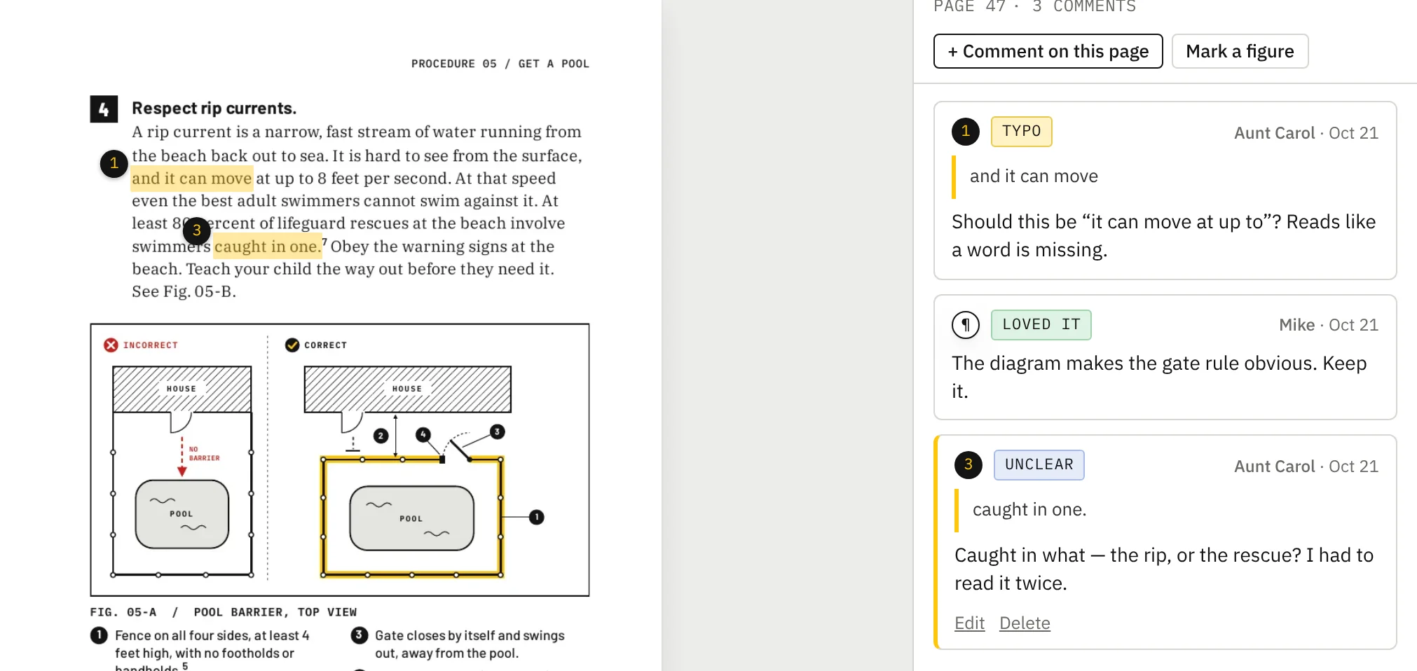 A posted comment: numbered marker on the page and the comment card on the right
